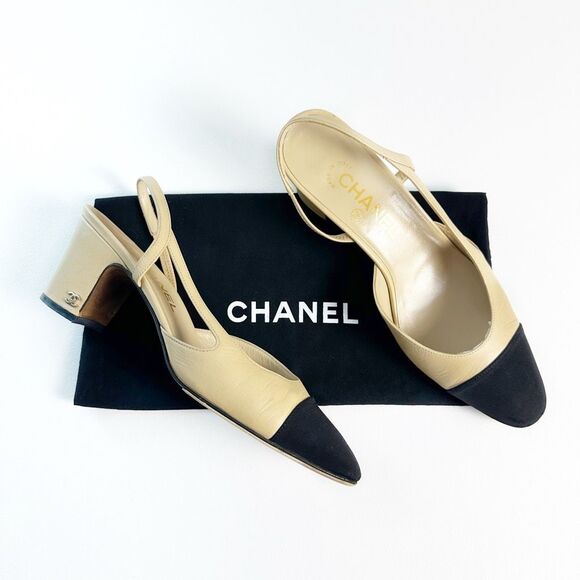 CHANEL Beige & Black Cap Toe Slingback Heels 39 US 8.5 CC Logo Almond Toe - Picture 1 of 14